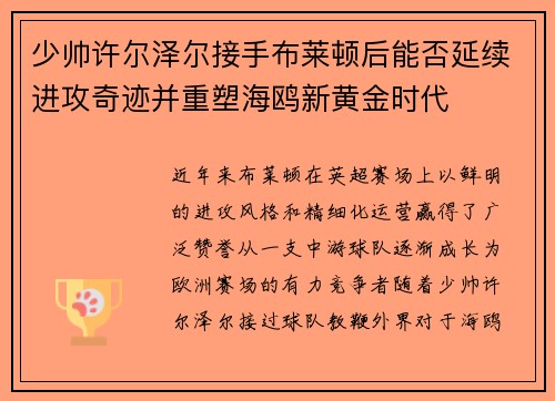 少帅许尔泽尔接手布莱顿后能否延续进攻奇迹并重塑海鸥新黄金时代