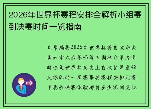2026年世界杯赛程安排全解析小组赛到决赛时间一览指南